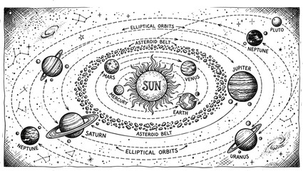 Vintage Solar System Map Coloring Page Vector Illustration with Sun, Planets, Elliptical Orbits, and Asteroid Belt for Educational Science Science Astronomy Projects © Sohel