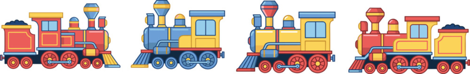 Colorful Retro Train Engine Set Isolated on White Background for Nursery Wall Art Railway Transport Emblems and Kids Book Illustrations © MdShamim