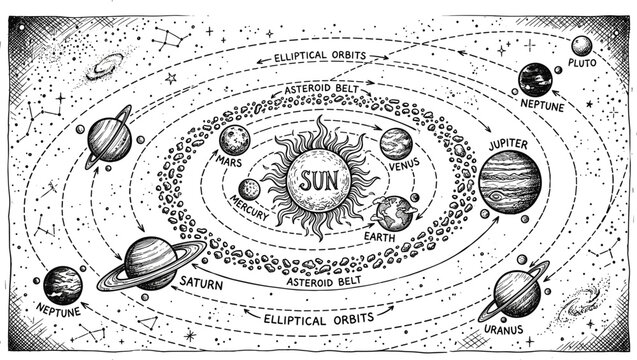 Vintage Solar System Map Coloring Page Vector Illustration with Sun, Planets, Elliptical Orbits, and Asteroid Belt for Educational Science Science Astronomy Projects