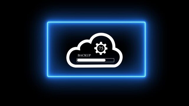 Backup concept, Online digital data storage and connection service. cloud storage icon with a loading progress bar and a percentage counter inside a neon rectangular frame on black background stock