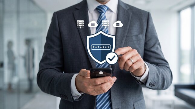 Businessman holding smartphone with cybersecurity shield icon and password protection graphic, representing secure mobile banking and internet safety for corporate users.