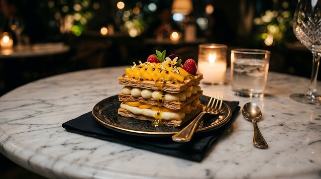 Tropical mango mille-feuille cake. Gourmet pastry dessert on plate. Fine dining restaurant food.