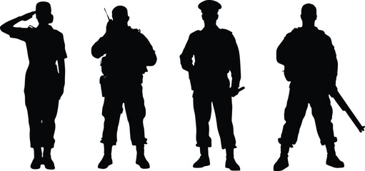 Armed Forces Black Silhouette Collection of Combat Soldiers Veterans and Officers for Memorial Day Veterans Day Posters and National Security Graphics © MdShamim
