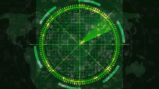 Green Radar Screen Displaying World Map and Targeting Grid navigation compass animation. Animated green radar shows world map with targeting grid creating sleek navigation compass motion effect.