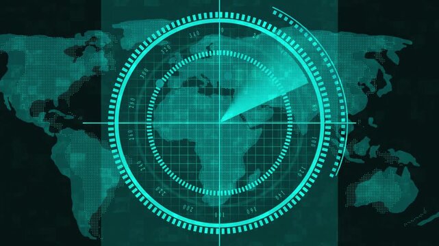 Circular grids move across teal world map on futuristic radar interface forming engaging navigation compass animation. Teal World Map on Futuristic Radar Interface with Circular Grids navigation .