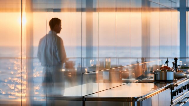 Professional chef in a modern open kitchen with panoramic sea view, luxury hospitality and copy space