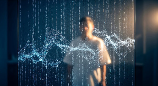 HIPAA digital data security and healthcare privacy concept featuring a person behind an abstract network mesh and binary code matrix