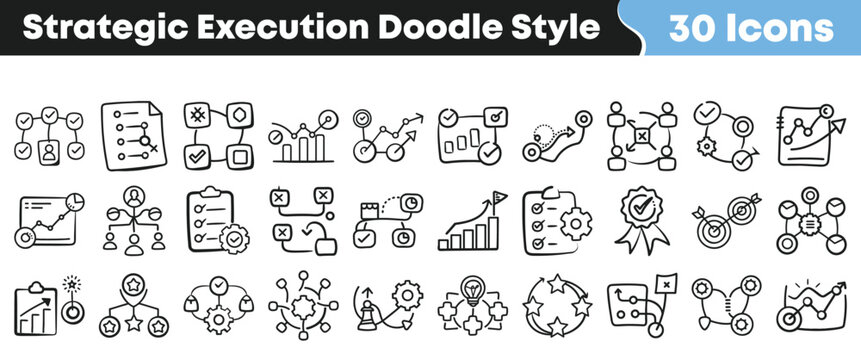 Hand drawn strategic execution icons set featuring various business concepts