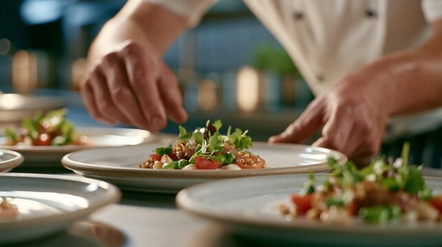 Professional chef adding fresh herbs to beautifully plated gourmet dishes in a modern restaurant kitchen. Fine dining and culinary excellence