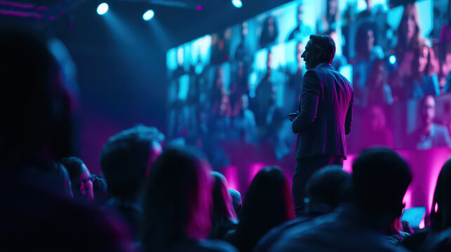 Engaging Hybrid Event: Business Speaker Interacting with Live Audience and Virtual Participants in Vibrant Stage Setting