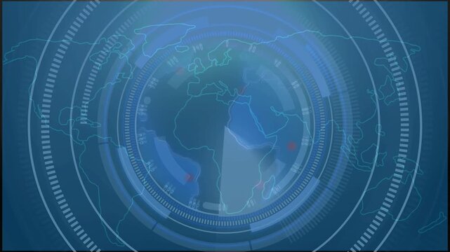 Blue Futuristic Radar Interface with Earth and Global Map Overlay globe digital animation. High-Tech Animated Radar Target Circle Interface with Futuristic Tracking System