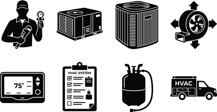 HVAC system repair and maintenance black glyph icon set for air conditioning and heating services