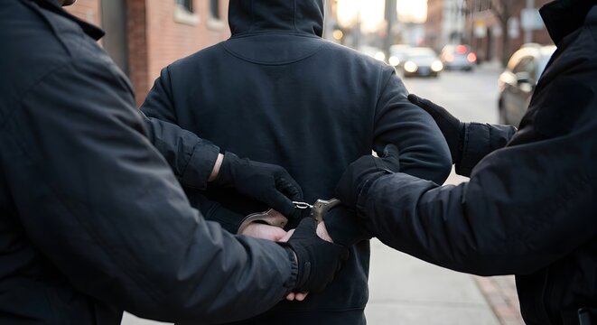 Police Officers Escorting Handcuffed Suspect On City Street During Daytime