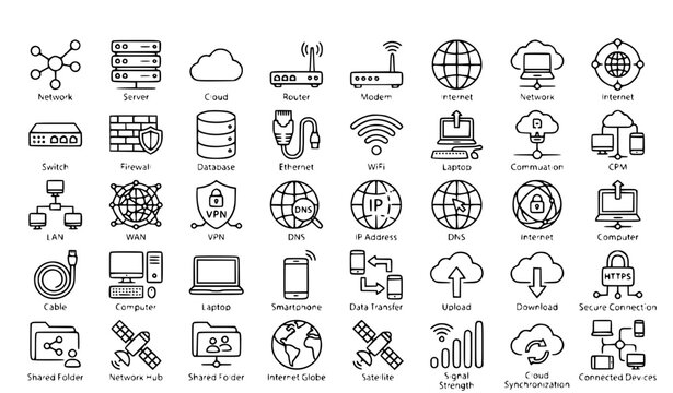 Networking Thin Line Icons Set with Internet Cloud Server Router WiFi and Data Connection Outline Vector Collection