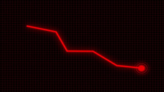Red Neon Line Graph Descending on a Grid animation Background chart. Smooth red neon descending graph line shows negative trend in modern animated data visualization, representing declining analytics