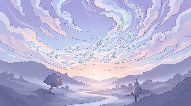 Surreal Fish Swimming Through Open Air, Whimsical Fantasy Illustration
