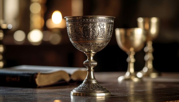 An antique ceremonial chalice with intricate engravings sits on a table alongside other chalices and an old book.