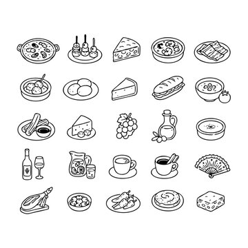 Minimalist Spanish Food Line Icons Set of Traditional Cuisine and Tapas with Paella, Churros, Sangria, Tortilla, and Jamon Vector Illustration