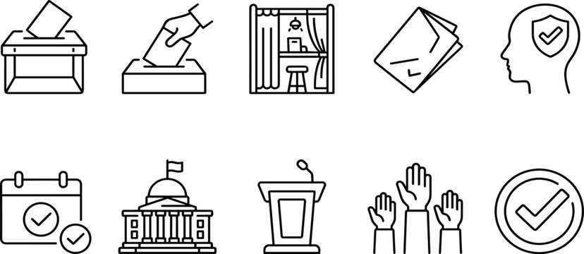 Election and Voting Outline Icon Set with Ballot Box, Polling Booth, Government, Public Speech, Raised Hands, and Approval Symbols