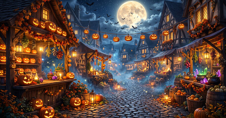Fototapeta premium A spooky Halloween village at night, illuminated by glowing jack-o'-lanterns and festive decorations, under a full moon and a starry sky.