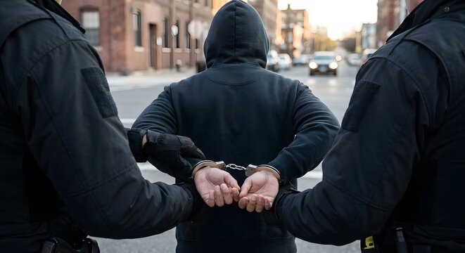 Police Officers Arresting Hooded Suspect In Handcuffs On City Street