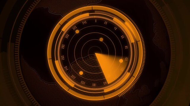 Orange Radar Interface with Sweeping Scan and Digital World Map animation Background technology scanning. Animated orange radar display with rotating sweep and highlighted map, showing global .