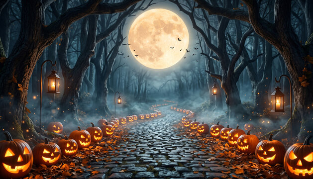 A spooky Halloween scene featuring glowing jack-o'-lanterns lining a winding path in a dark, eerie forest under a full moon.