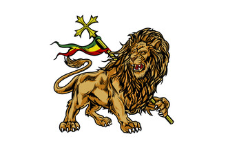 Fototapeta premium Lion of Judah holding Ethiopian cross, Ethiopian heritage vector illustration