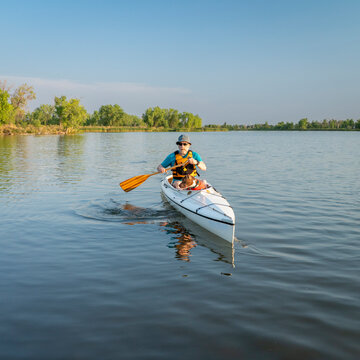 senior man is paddling a decked expedition canoe with his pit bull dog on a calm lake in Colorado in summer scenery, recreation with your pet concept