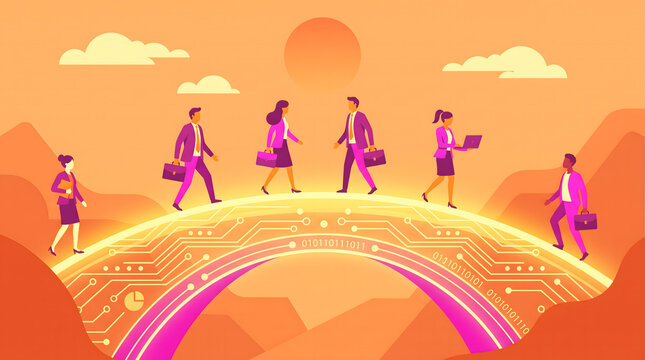 Business professionals walking across a glowing digital bridge with binary codes
