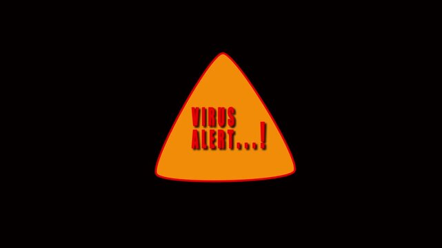 Orange Triangle Warning Sign with Red Border and Text VIRUS ALERT on animation Black Background. Vibrant orange triangle with red border and animated VIRUS ALERT letters, showing critical warning.