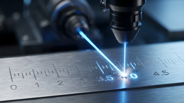 Industrial laser marking device precisely engraving metallic ruler with glowing blue beam on factory floor for commercial licensing.