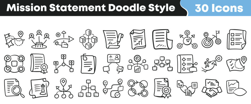 Set of thirty hand drawn mission statement icons for business planning