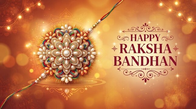 Happy raksha bandhan greeting card design with traditional rakhi thread, decorative floral patterns, and golden bokeh lights on a red background