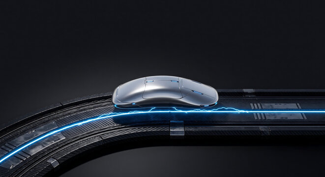 Futuristic electric car on smart highway, autonomous vehicle with glowing blue energy trail, sleek silver concept car on dark digital road