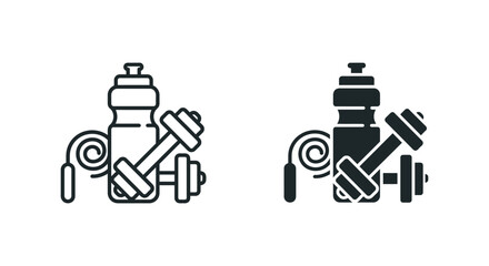 Fitness equipment icons including water bottle dumbbells and jump rope for healthy living. © Nadir