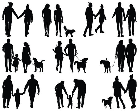 Big set of black silhouettes of couples on a walk