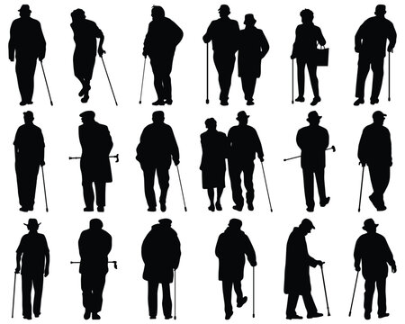 Big set of black silhouettes of families on a walk