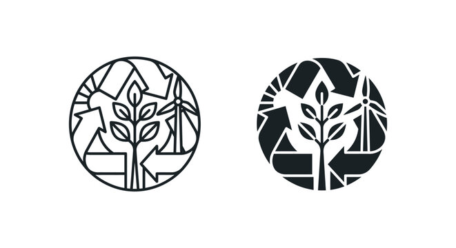 Eco energy circle icon set with wind turbine solar sun and plant growth for green power.