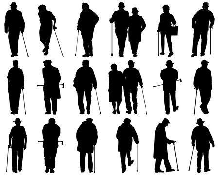 Elderly People with Walking Sticks, Black Silhouettes Collection