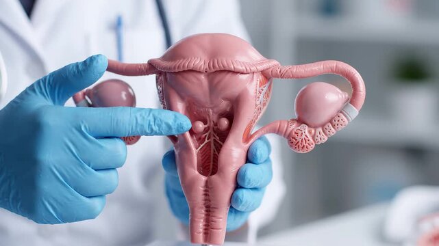 Doctor showing female reproductive system model with ovaries fallopian tubes and uterus