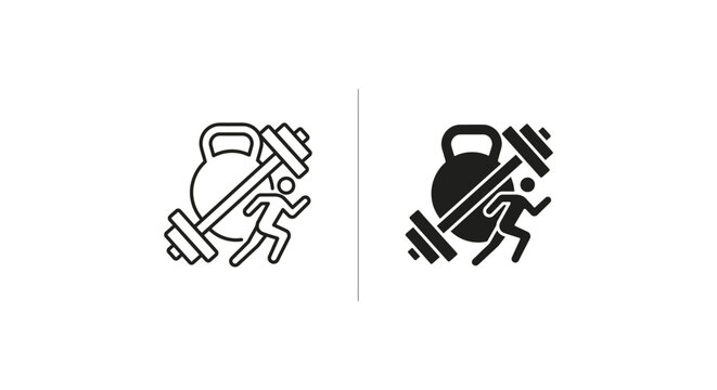 Outline and solid black icon of runner near kettlebell and barbell on white background.
