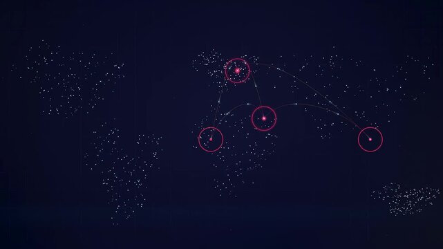 Digital interconnected neural network connecting global world map geopolitics data point. Futuristic intelligence system scanning international communication routing transfer loop animation.
