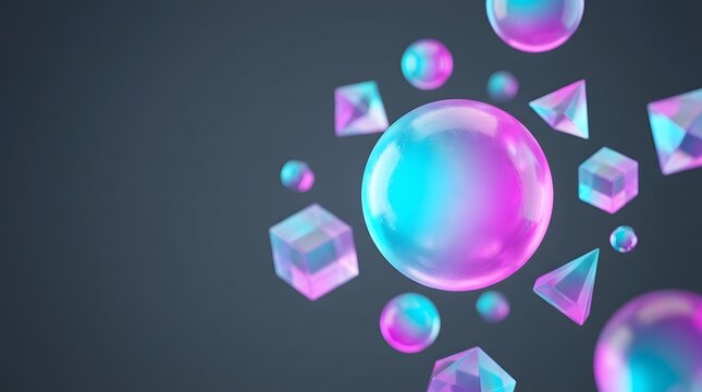Vibrant iridescent spheres, cubes, pyramids, polygons exhibit a holographic glow, digitally rendered dark studio background, versatile graphic asset.