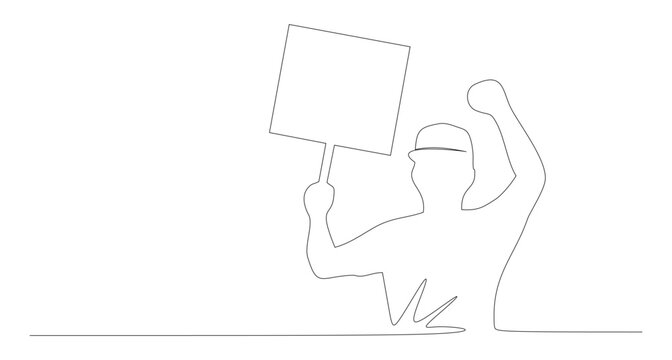 Continuous one-line drawing of a man protesting and holding a blank sign. International Day of Democracy.
