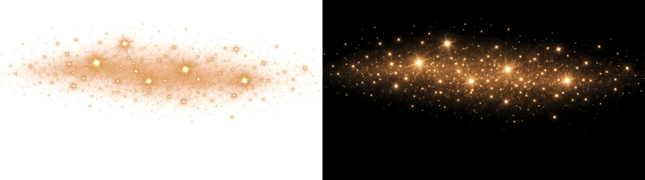 Sparkling golden stardust galaxy effect with glittering stars and cosmic dust cloud for overlay use in PNG, Transparent and Black Background Versions