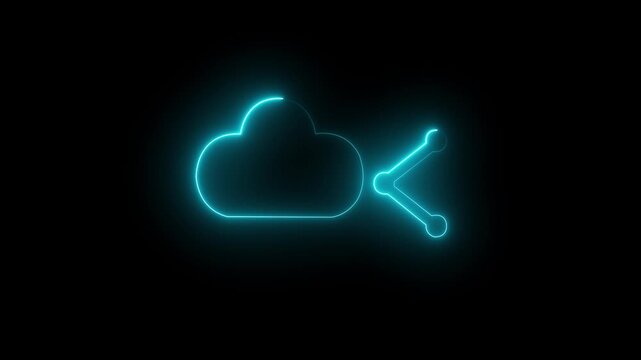 Animated neon blue cloud storage and data sharing symbol flashing.