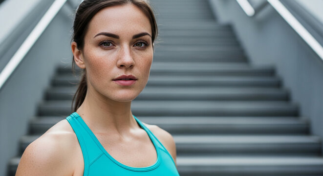 Close-up of a woman with freckles wearing a teal sports bra, looking forward with a determined gaze, symbolizing strength and fitness against a blurred background of stairs