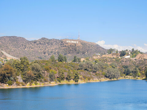 Hollywood Reservoir with the famous Hollywood sign in the background in Los Angeles, California, USA