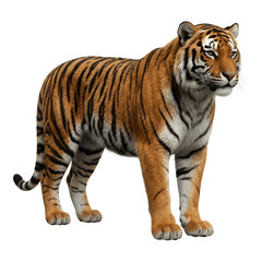 Obraz premium Isolated realistic illustration of a standing Siberian tiger, distinct orange and black stripes, wild cat, white background.